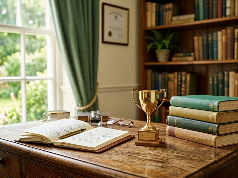 A golden trophy cup beside notebooks and books celebrating a student milestone