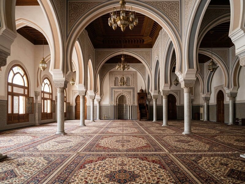 A peaceful mosque prayer hall with arches and soft light