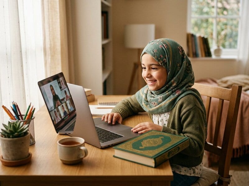 A young student smiling at a laptop during an online Quran class