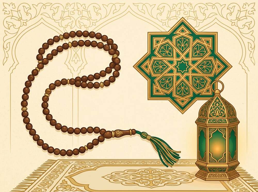 Illustration of a wooden tasbih with golden beads beside an Islamic geometric star, symbolising the 99 Names of Allah