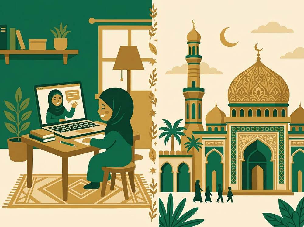 Illustration comparing learning the Quran on a laptop at home with learning at a local mosque