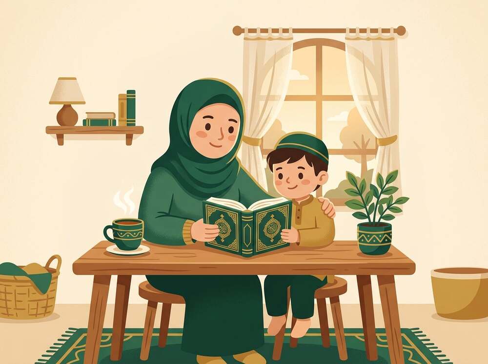 Illustration of a parent and child reading an open Quran together at home