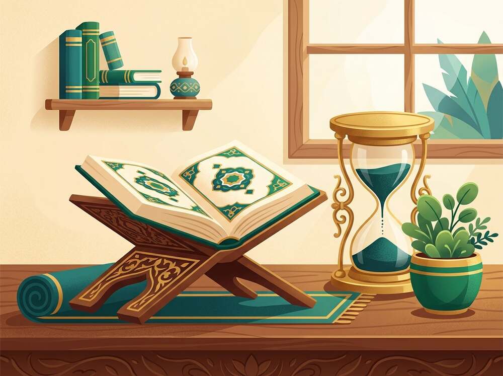 Illustration of an open Quran beside an hourglass, symbolising the patient journey of learning to read