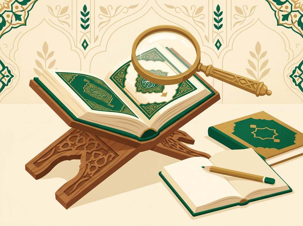 Illustration of an open Quran with a magnifying glass and notebook, symbolising studying the meaning of the Quran