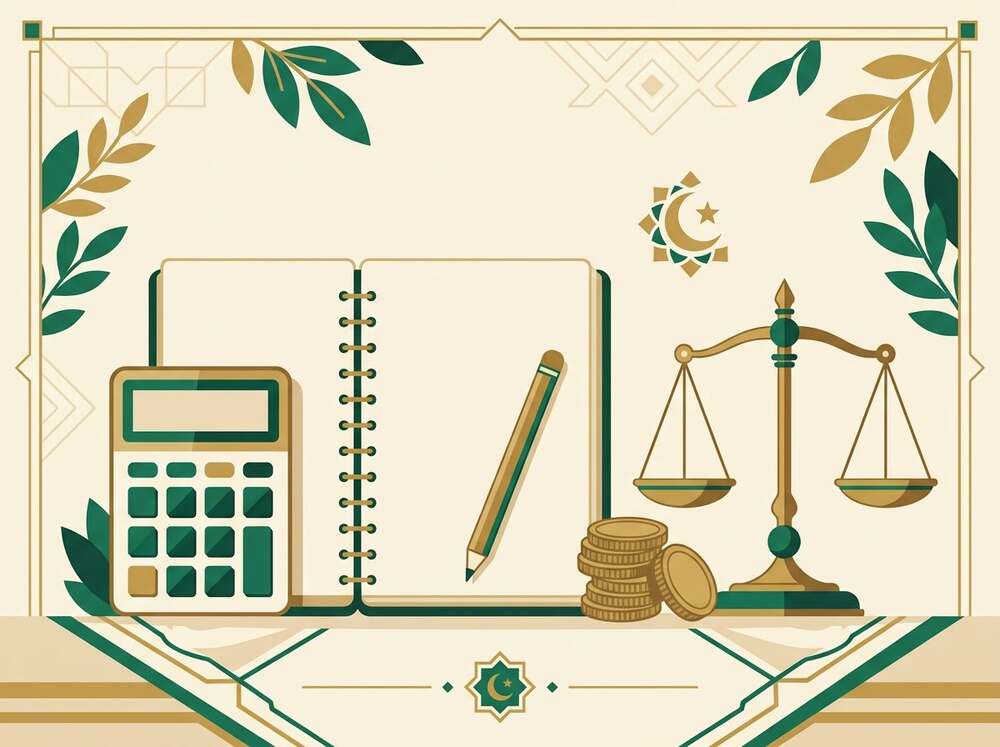Illustration of a calculator, gold coins, a weighing scale and a notebook for calculating zakat